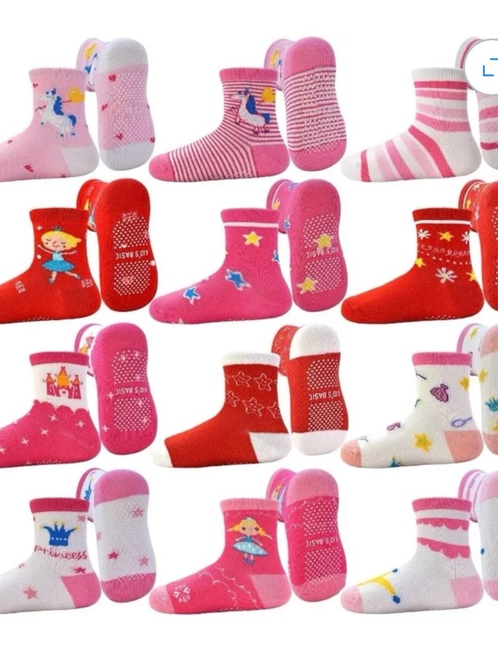 Girls 12 pairs of Non-Slip Socks Pack - Pink & Red Multicolor
